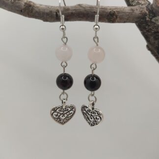 Boucles d'oreille  quartz rose, grenat et cœur