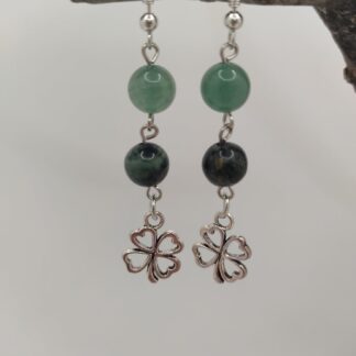 Boucles d'oreille Jaspe Kambaba, Aventurine verte et charms trèfle