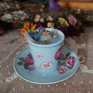 Lotus Bleu — Tasse Bougie Décorative Shabby Chic, Fleurs Séchées & Plume